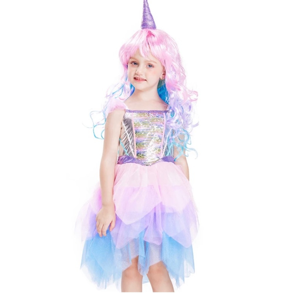 New Girls Unicorn Dress Costume With Rainbow Wig